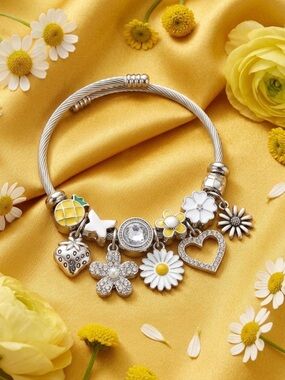 Summer Floral Charm Loaded Bracelet | Silver Bangle with Daisy & Crystal Details